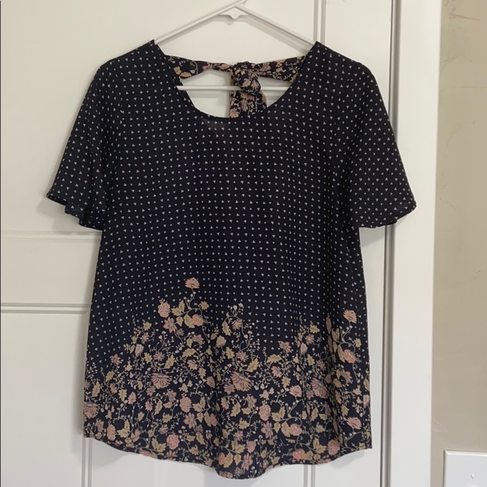 Short Sleeve Floral Blouse with Bow